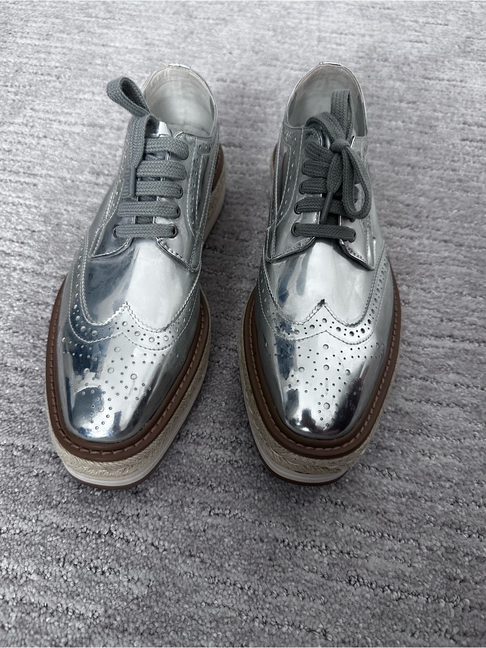 Prada Silver Metallic Wingtip Platform Sneakers